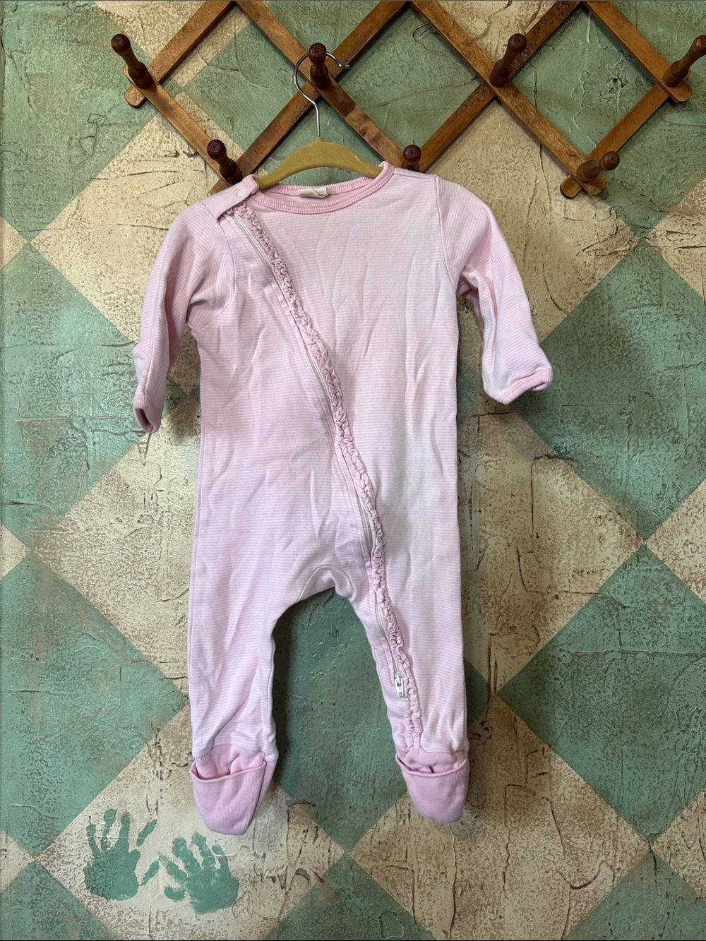 Soft Pink Footed One-Piece Romper with Ruffle Trim 100% organic cotton